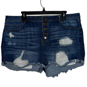 Refuge Distressed Dark Wash Stretch Jean Shorts Boho Button Fly Plus Size 18